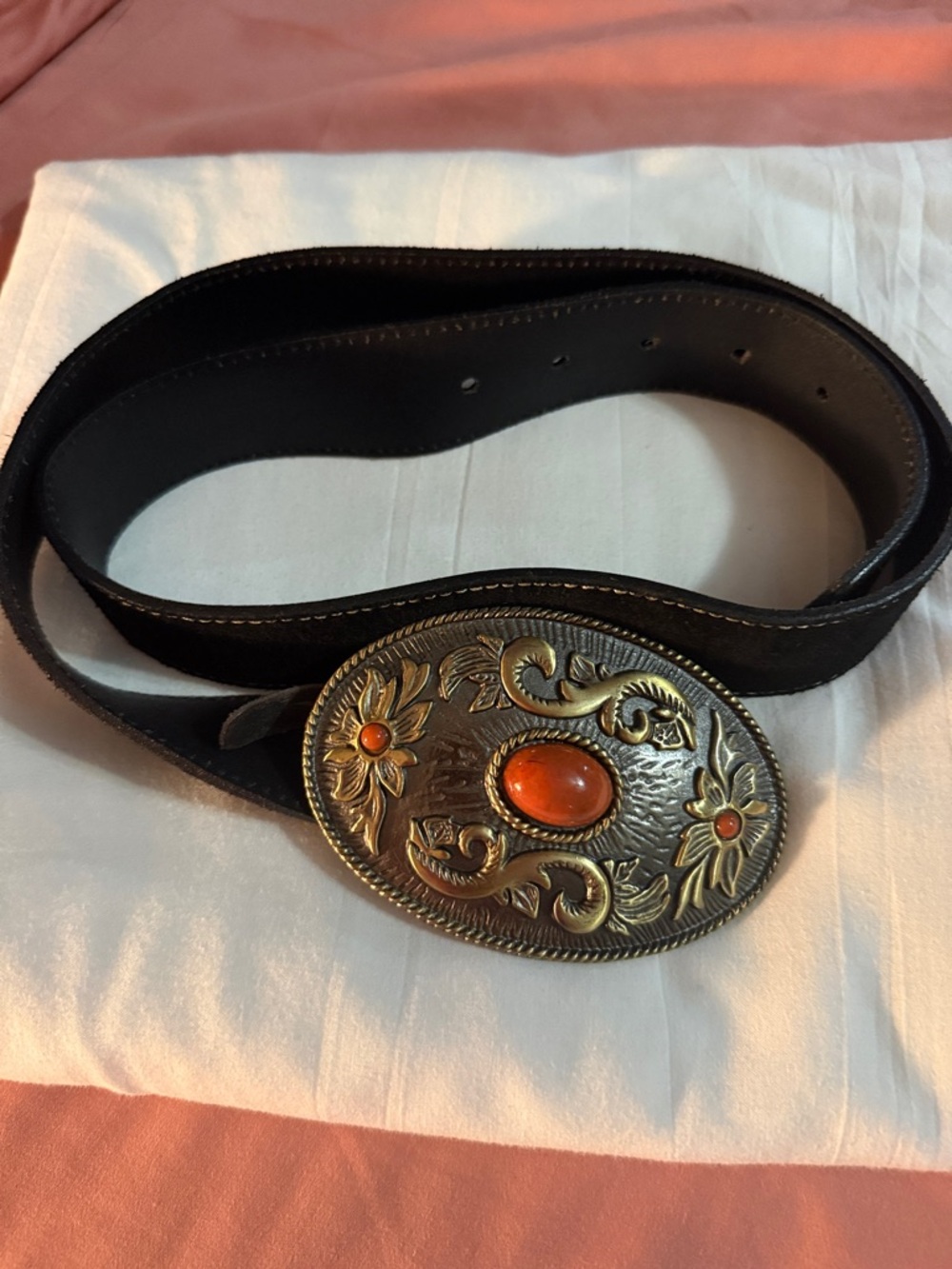Black Leather Belt with Ornate Gold-Tone Buckle and Orange Stone size Lg.